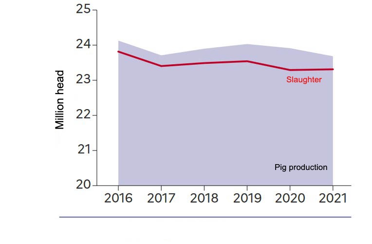 Evolution of swine production in France. Source: Agreste.